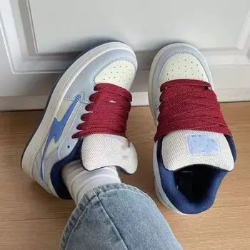 High-value lightning bread shoes original red and blue mixed and matched board shoes female couple niche retro casual shoes trend 35