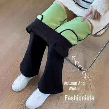 High-Waist Black Plush Flared Pants for Women - Slim-Fitting, Elastic, Avocado Color, Ideal for Autumn/Winter. S