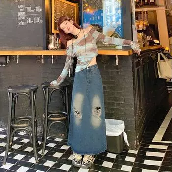 High Waist Mid-length Skirt for Women Summer Long Skirt for Women Old Ripped Denim Skirt for Women Spring and Summer Slit Denim Skirt XS