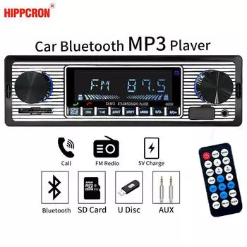Hippcron автомобильный радиоприемник 1 DIN стерео FM Bluetooth MP3 аудиоплеер мобильный телефон Handfree цифровой USB/SD с входом Aux в тире