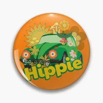 Хиппи Go Green Flower Power Car Мягкая кнопка на булавке Ювелирные изделия Креативный значок Симпатичная булавка с лацканами Металлическая забавная брошь Любовник Мультфильм Модная одежда Декор Подарок 32mm(1.25in)