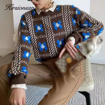 Hirsionsan Осенний свободный пуловер с круглым вырезом, женский повседневный вязаный свитер с цветочной вышивкой, женский базовый простой ленивый Jumpe one size кофейный