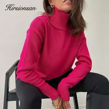 Hirsionsan шикарный свитер с высоким воротником на осень-зиму, женский мягкий теплый базовый вязаный пуловер, 9 цветов, свободный повседневный женский джемпер one size синий