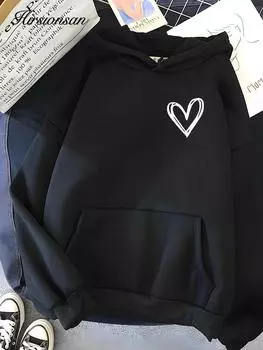 Hirsionsan Simplic Heart Print Женская толстовка Мягкая Повседневная Свободная Винтажная Женская Толстовка 2024 Зимняя Теплая Флисовая Студенческая Топы S