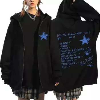 Hit Me Hard and Soft 2024 Tour Куртки на молнии Осень-зима Повседневные флисовые толстовки с капюшоном на молнии Хип-хоп Топы Кардиган Унисекс Уличная одежда S чёрный