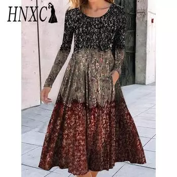 HNXC Женская мода осень-зима с длинным рукавом и круглым вырезом повседневные платья S
