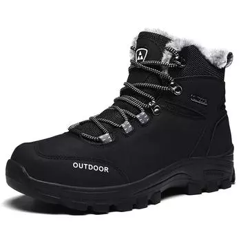 Holfredterse Outdoors Hiking Shoes Plush Men Leather Anchor Fur Snow Boots Winter Waterproof Work Trekking Boots 6028 Black/Brown 43