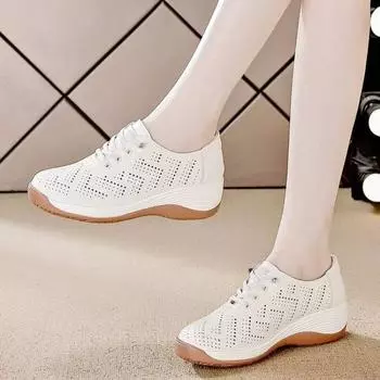Hollow breathable slope heel casual shoes summer new fashion lace-up sports shoes versatile casual women s shoes 35