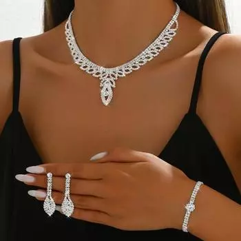 Hollow Leaf Necklace Earrings Bracelet Ring Four-Piece Set Bridal Wedding Rhinestone Accessories