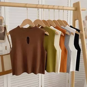 Hollow-out Women s Tank Top O Neck Slim Casual Simple Fashion Solid Color sleeveless T-shirt