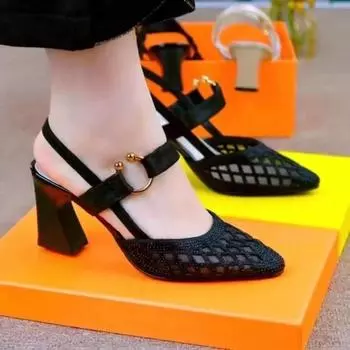 Hollow sandals women s leather bag head 2025 new summer pointed thick heel one-word buckle single shoes mesh high heels 35 чёрный