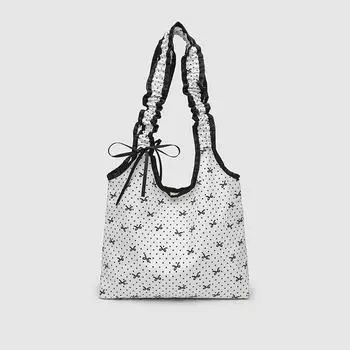 Холщовая сумка Niche Bow Polka Dot Sweet Maiden Drawstring Pleated Tote Student Commuter Shoulder Bag