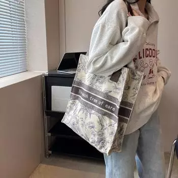 Холщовая сумка с принтом, женская сумка на плечо, большая вместительная дорожная сумка, культурная и креативная тканевая сумка one size слоновая кость