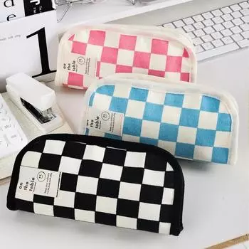 Холщовый пенал Ins Style черно-белый пенал с шахматным узором для мальчиков и девочек, сумка для хранения канцелярских принадлежностей для школьников