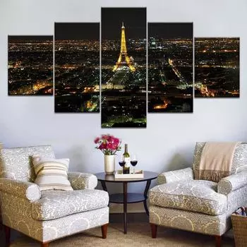 Холст HD печатает фотографии настенное искусство 5 шт. красивая Парижская башня городская ночная сцена картины плакаты домашний декор без рамки 20x35cm*2 20x45cm*2 20x55cm*1