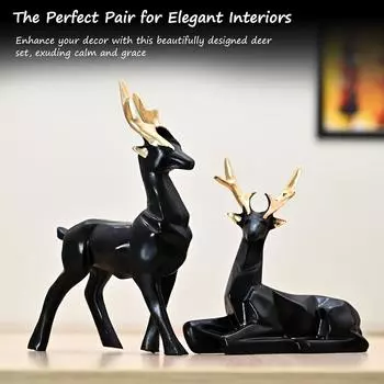 Home Decoration Items for Living Room, Pair of Deer Resin Figurines – Black Hiran Statues for Aesthetic Office and Home Dcor