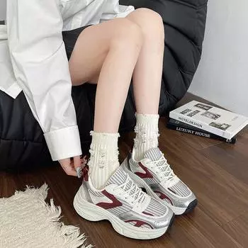 Hong Kong style platform dad shoes women s 2024 autumn new mesh breathable versatile women s shoes show feet small casual sports shoes 36 белый