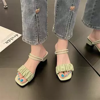 Hongtong 2025 summer new Korean version thick heel sandals women s one-word buckle with square head fold middle heel women s shoes tide 35 бежевый