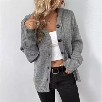 Hooded Cardigan for Women Drawstring Button Up Knit Cardigan Sweater Jacket Autumn Winter Ladies Outfit S чёрный