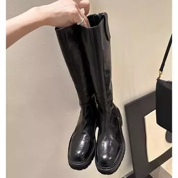 Horse leather leather thick-soled but knee knight boots women s round head slim boots rear zipper boots 35
