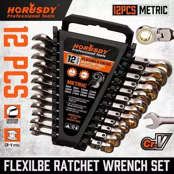 HORUSDY 12pcs Flex-Head Ratcheting Wrench Set | Metric And SAE | Ratchet Combination Wrenches Set With Organizer 12PCS чёрный