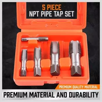 HORUSDY 5-Piece NPT Pipe Tap Set - Sizes Includes 1/8 1/4 3/8 1/2 And 3/4 With Case - Carbon Steel For Plumbers Ideal for Pipe Threading Projects 1Set серебряный