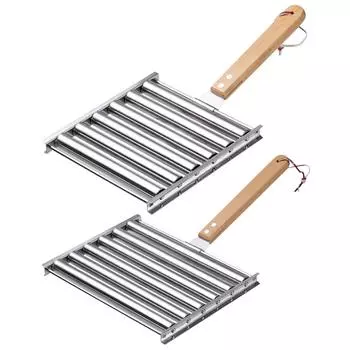 Hot Dog Roller with Wood Handle Sausage Roller Rack Stainless Steel Barbecue Sausage Roller for Evenly Cooked Hot Dogs