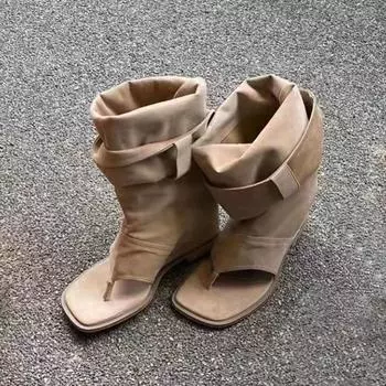 Hot Girls Khaki Black Suede Square Clip Toe Inner Height Increasing Belt Buckle Leisure Knee High Boots Women Summer Shoes 35 чёрный