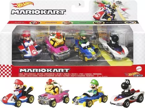 Hot Wheels Mario Kart 4 Pack Set [включает ограниченный черный Йоши] GLN53