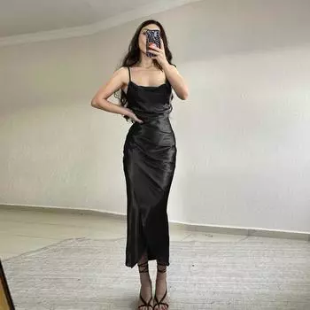 Hottie Сексуальное атласное платье с глубоким вырезом и разрезом на шее Узкое платье с открытой спиной S бежевый