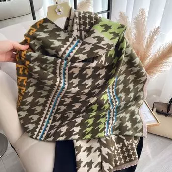 Houndstooth Autumn And Winter Thickened Short Beard Tassel Fashion Warm Ladies Scarf Medium Length Air Conditioner Shawl 185*65cm хаки