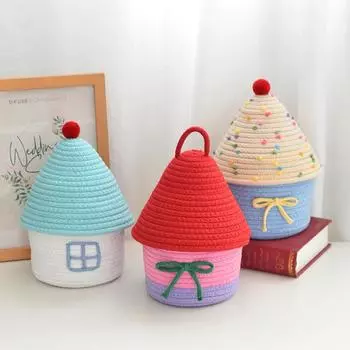House Shape Cotton Rope Woven Storage Basket with Lid Large Capacity Cute Bedroom Storage Basket Dustproof Cosmetics Storage чёрный