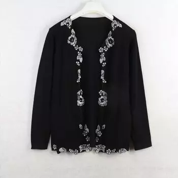 House Spring Export European and American plus Size Women s Clothes Machine Embroidery Long Sleeves Knitwear Cardigan Lightweight Sweater Outwear Black Bust size 96