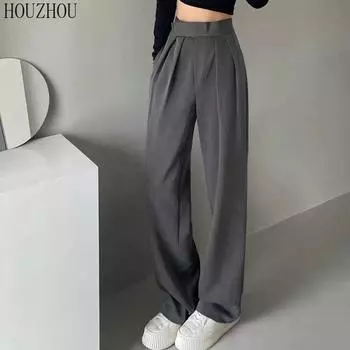 HOUZHOU Серые костюмные брюки женские винтажные повседневные офисные женские классические широкие брюки с высокой талией брюки оверсайз S серый