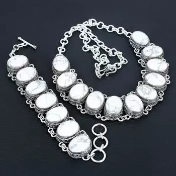 Howlite Gemstone Handmade 925 Sterling Silver Jewelry Neclace Bracelet Set, Antique Jewelry Set, Wedding Gifts Bracelet For Mom 20 белый