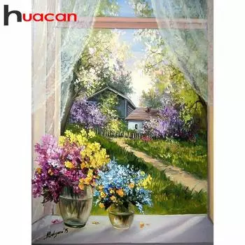 Huacan Полная квадратная круглая дрель Набор для алмазной живописи Подарок из окна DIY Вышивка крестиком Главная De 25*35 CM