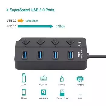 HUB USB 3.0 4-en-1, Rpartiteur USB 2.0, Adaptateur Multiport, Interrupteur D alimentation Indpendant, Rallonge De C?ble De 3
