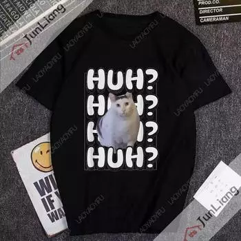 Huh Cat Meme Футболки унисекс Хип-хоп Уличная одежда Милые коты Юмор Y2k Унисексга Футболка унисекс Футболка с коротким рукавом Забавные подарки Одежда L