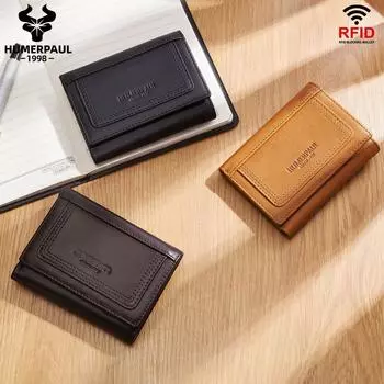 HUMERPAUL Мужской кошелек из натуральной кожи с RFID-блокировкой, мини-держатели для карт-клатчи, роскошная тройная короткая сумка для денег с портмоне на молнии чёрный