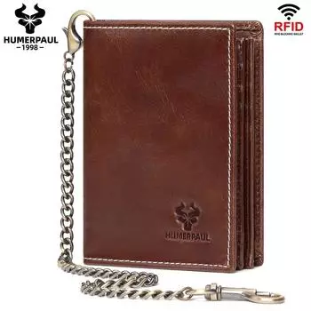 HUMERPAUL Мужской кошелек из натуральной кожи с Rfid-щеткой, тонкая сумка для карт, противоугонная цепочка коричневый