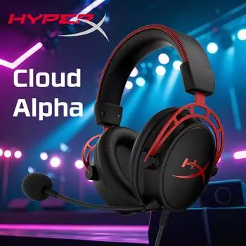 HYPERX Проводная игровая гарнитура Cloud Alpha с двумя динамиками, удобная алюминиевая рама, съемный микрофон, работает на ПК, PS4, PS5, Xbox One Switch чёрный/красный
