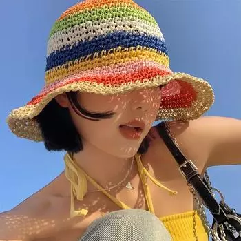 Hyun Ya Feng Rainbow Grass плетеная шляпа рыбака для женщин летняя дышащая шляпа-ведро с солнцезащитным козырьком и солнцезащитным экраном корейская версия шоу 56-58CM