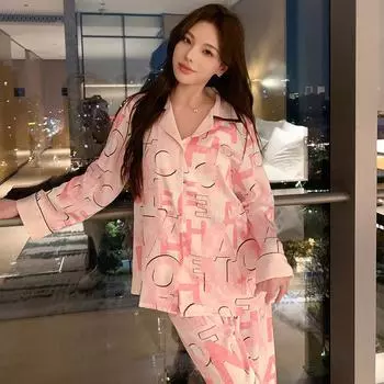 Ice Silk Pajamas for Women Spring and Summer New Ice Silk Women s Letter Set Style Pajamas Set M