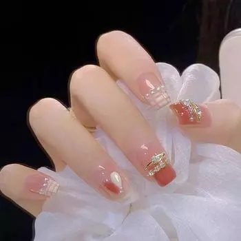 Ice Through Pink Short Wear Nail Sweet Cool Chain Diamond Nail Art Piece Pearl French Gentle White 24 Pieces Boxed