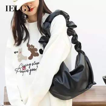 IELGY Korean version of casual soft leather dumpling bag, fashionable pleated shoulder armpit bag, retro drawstring messenger women s bag чёрный