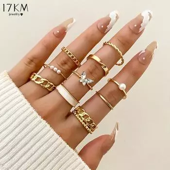 IF ME 10 шт./компл. Модные кольца-бабочки из циркония, комплект из искусственного жемчуга, золотые кольца для женщин, ювелирные аксессуары