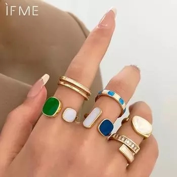 IF ME 6-piece Retro Artificial Emerald Paint Resin Open Cuff Ring Multi Piece Set for Travel Wearing Personalized Rings золотой
