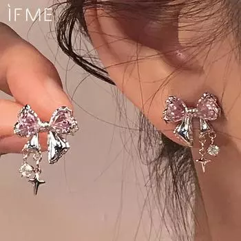 IF ME Bowknot Zircon Stud Earrings for Women Fashion Korean Silver Color Pink Crystal Personality Earring Girl Party Jewelry Gifts