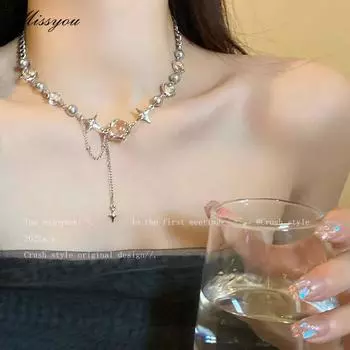 IF ME модное серебряное ожерелье для женщин с кристаллами и звездами, круглые бусины, цепочка на ключицу, колье, аксессуары, ювелирные изделия