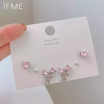 IF ME Pink Heart Stud Earrings for Women Girls Korean Bow Dangle Earring Set Sweet Crystal Drop Earring Fashion Jewelry